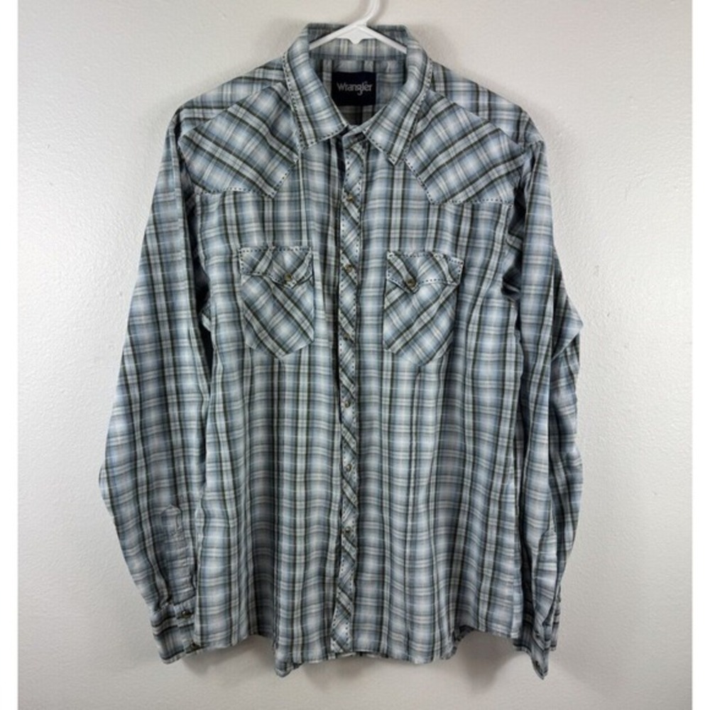 Wrangler Men's L Large‎ long sleeve shirt Pearl Snap rodeo western blue green
